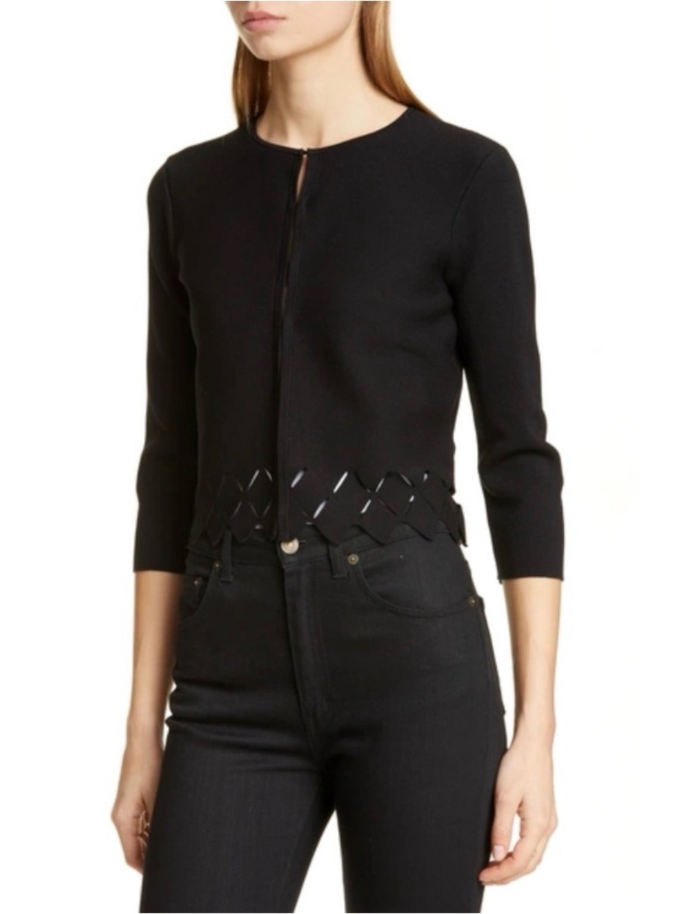 Ted Baker Kyylie Black Geometric Laser-cut Hem Knit Modern Cardigan SZ 3 (US 8)